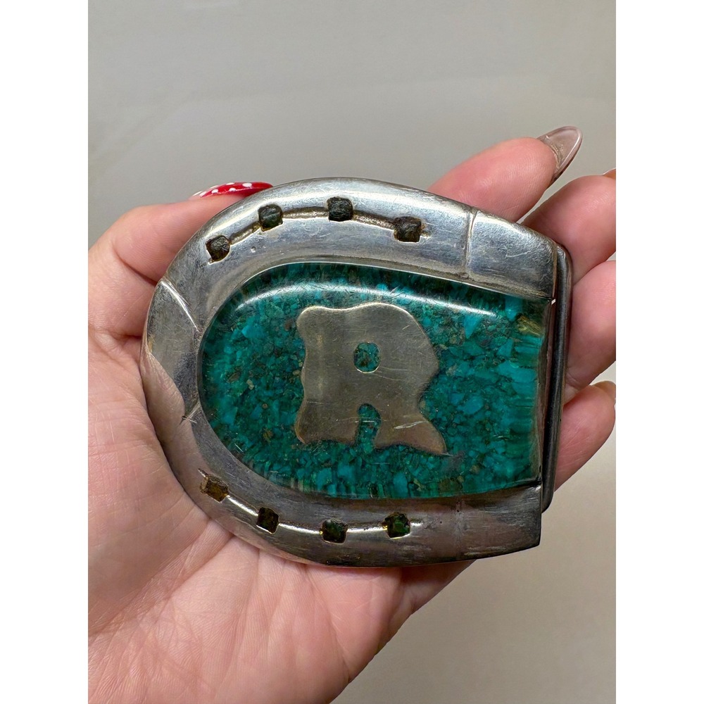 Vintage Horseshoe Belt Buckle Crushed Turquoise Inlay Initial R Silver Tone